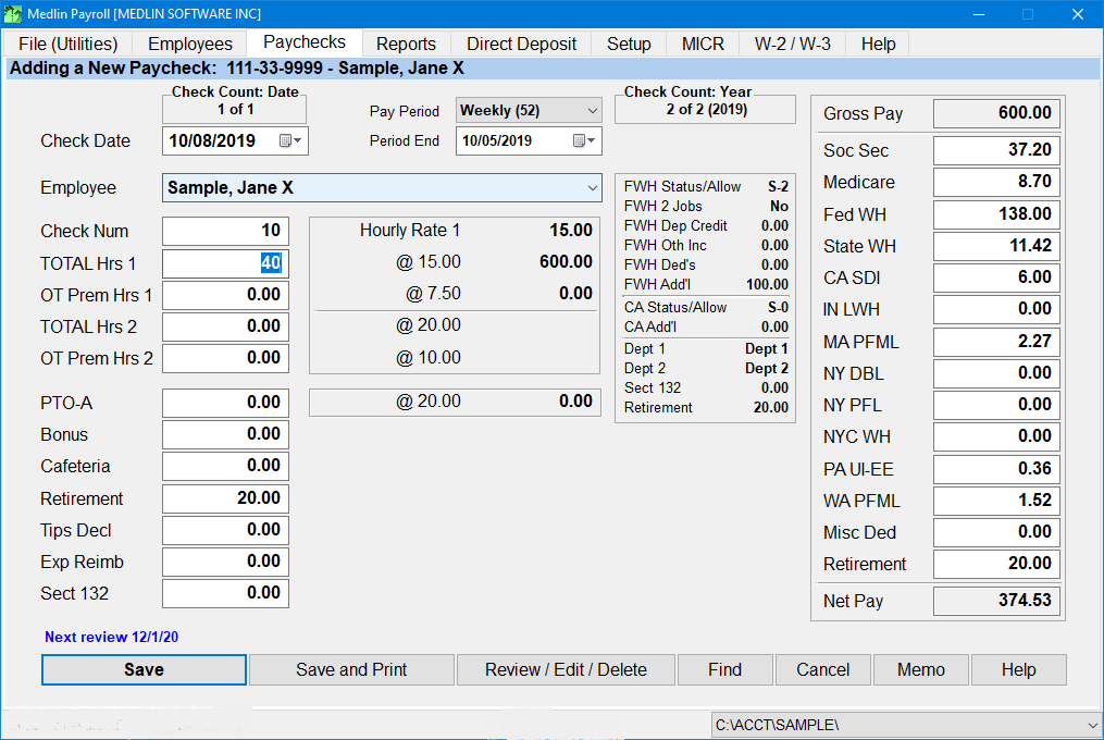 Desktop Payroll Software by Medlin Paycheck Screen