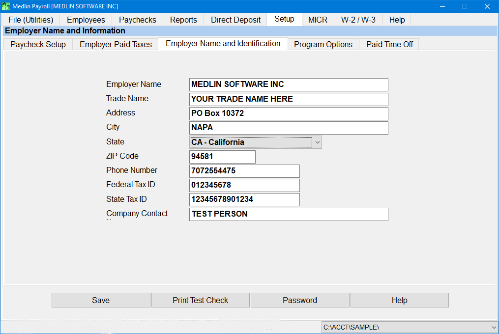 Payroll Software by Medlin Employer Setup Screen