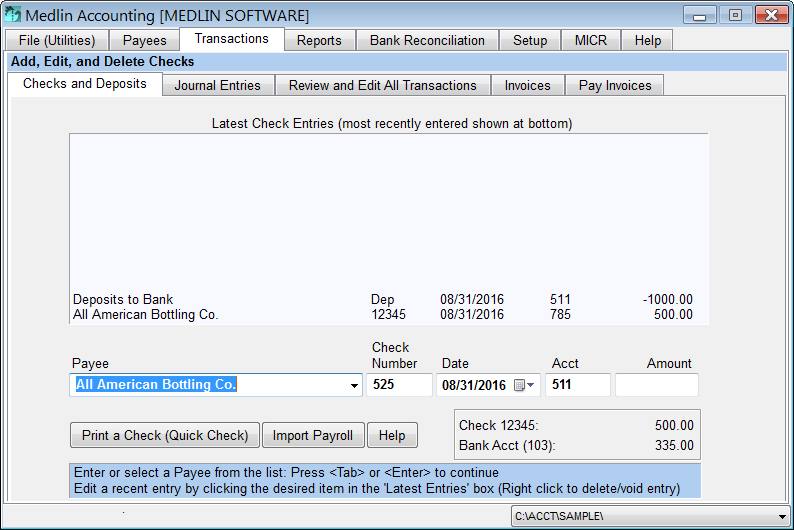 Desktop Accounting Software by Medlin Checks and Deposits Entry Screen