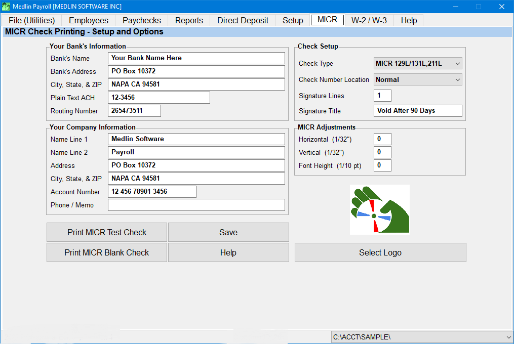 Desktop Payroll Software by Medlin MICR Setup Screen