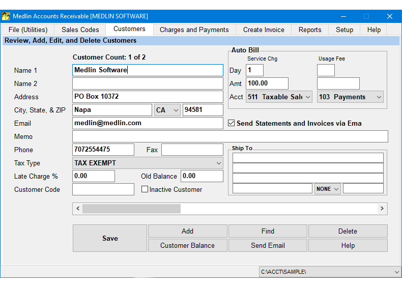 Desktop Accounts Receivable Software by Medlin Customer Entry Screen